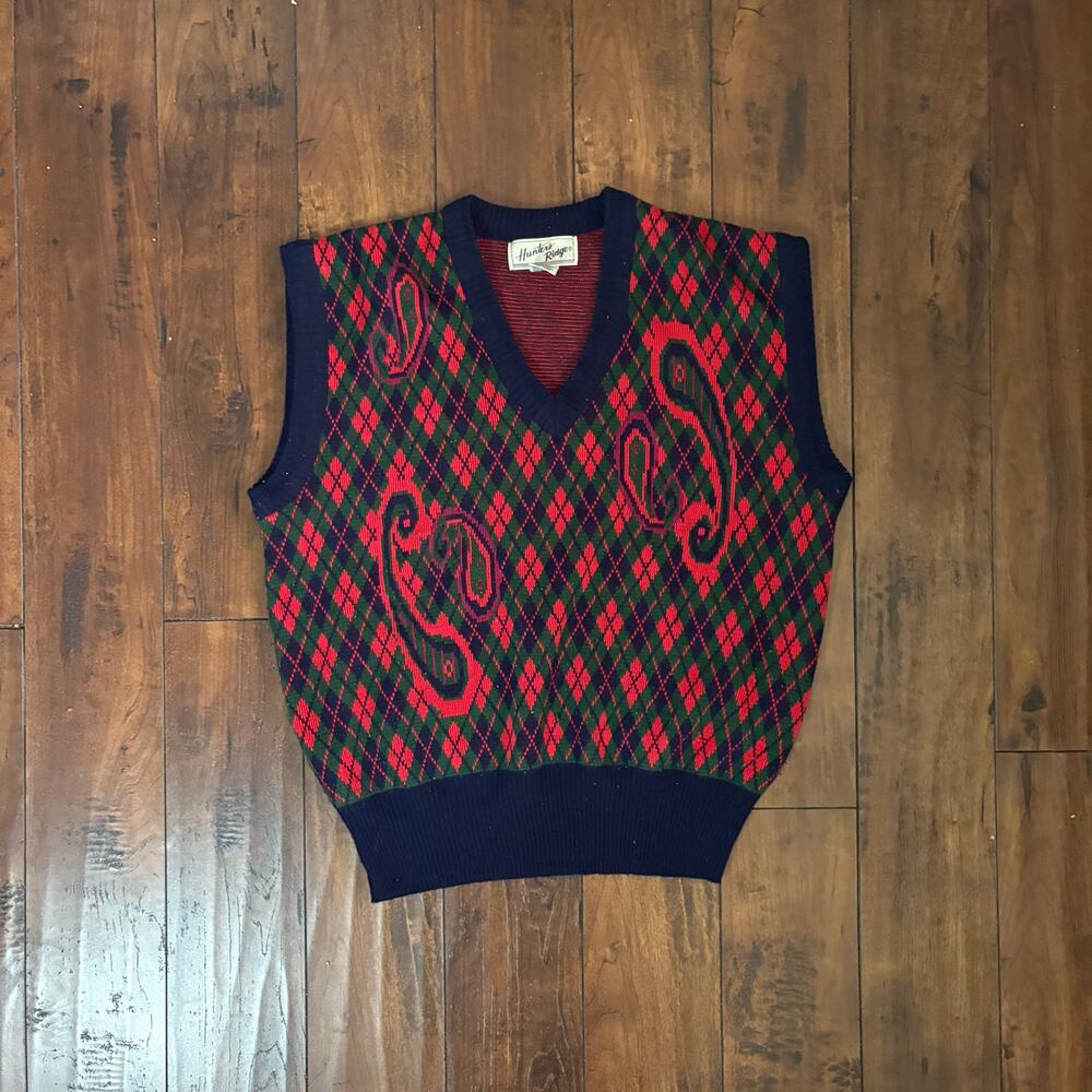 Vintage Hunters Ridge Sweater Vest Mens L Red Argyle 90s Casual Preppy Grandpa